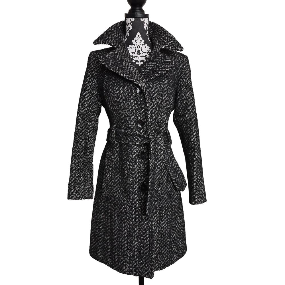Women's Grey Black Preppy Classic Tweed Anne Klein Button Up Belted Midi Coat - Picture 5 of 10